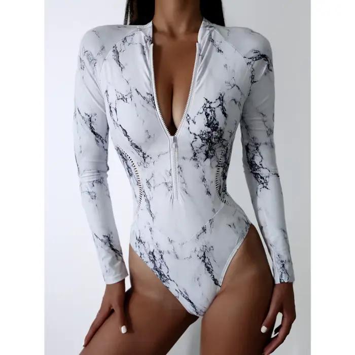 Été impression fermeture éclair une pièce maillot de bain fermé à manches longues maillots