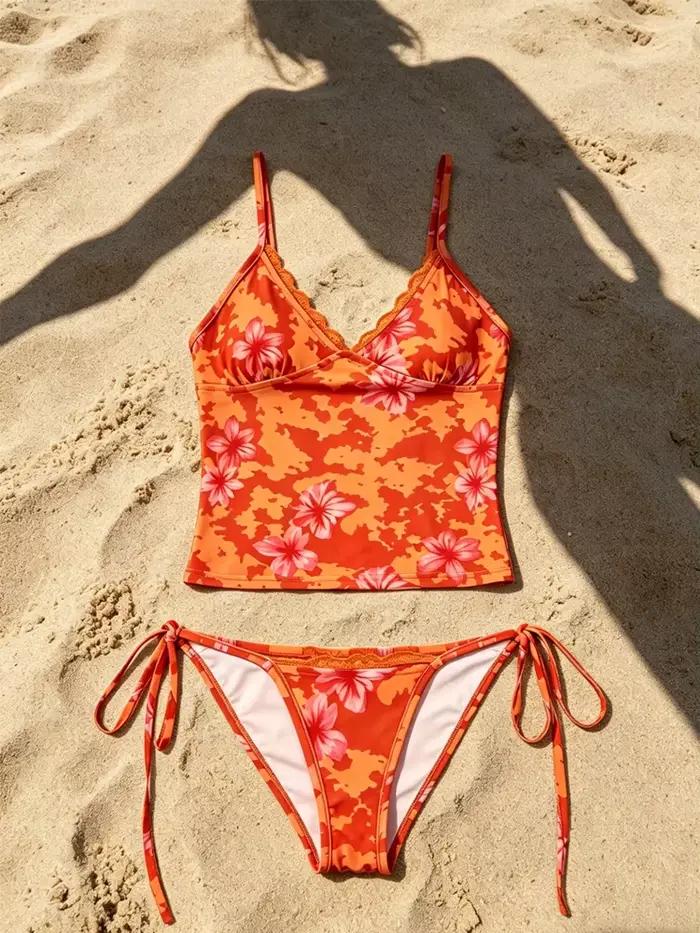 Été Orange Floral Imprimé Tankini Ensemble pour les Femmes