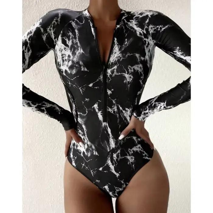 Été impression fermeture éclair une pièce maillot de bain fermé à manches longues maillots
