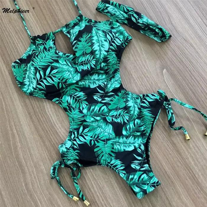 Maillot de bain une pièce imprimé feuilles vertes