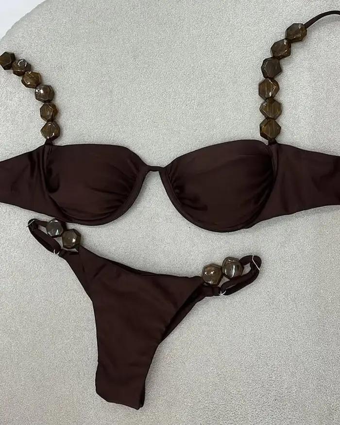 Bikini Sexy 2026 Taille Haute Imprimé Doré Polyester Elasthanne Push-Up Pour Femme Occasions Estivales Plage Soirées Glamour