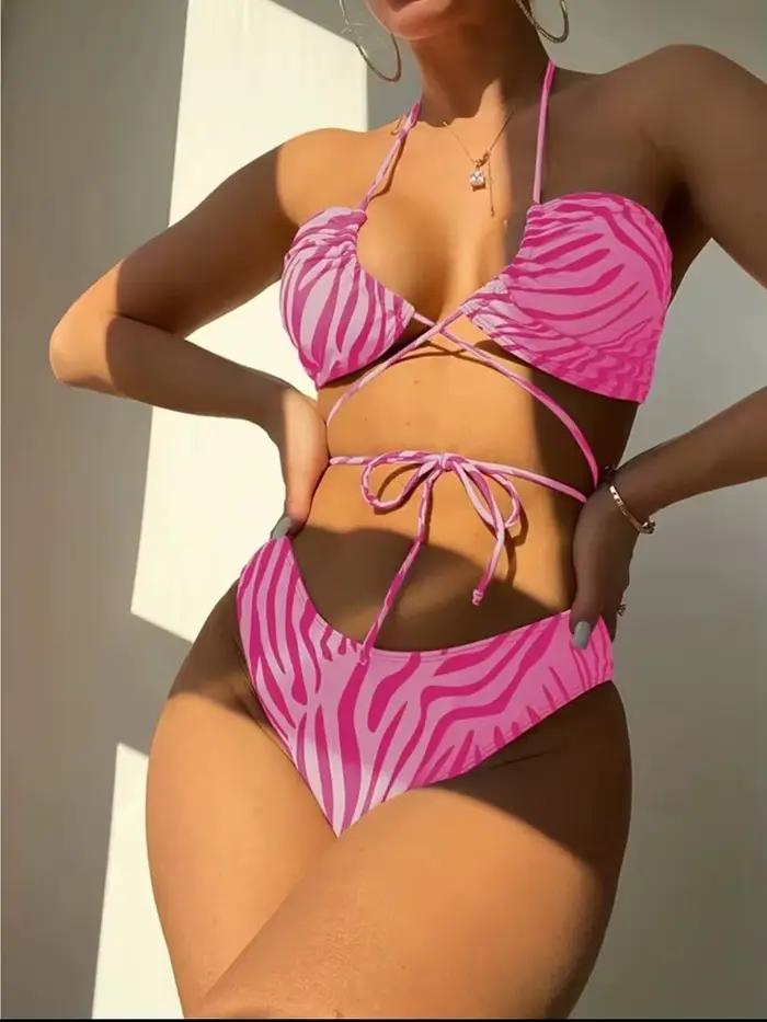 Ensemble de 3 bikinis à rayures zébrées pour femmes, maillot de bain à lacets, jupe de plage, maillot de bain rembourré pour femmes, vêtements de plage d'été, polyester et élasthanne, style de plage, junior, confort et flexibilité, pour les vacances et les sorties estivales