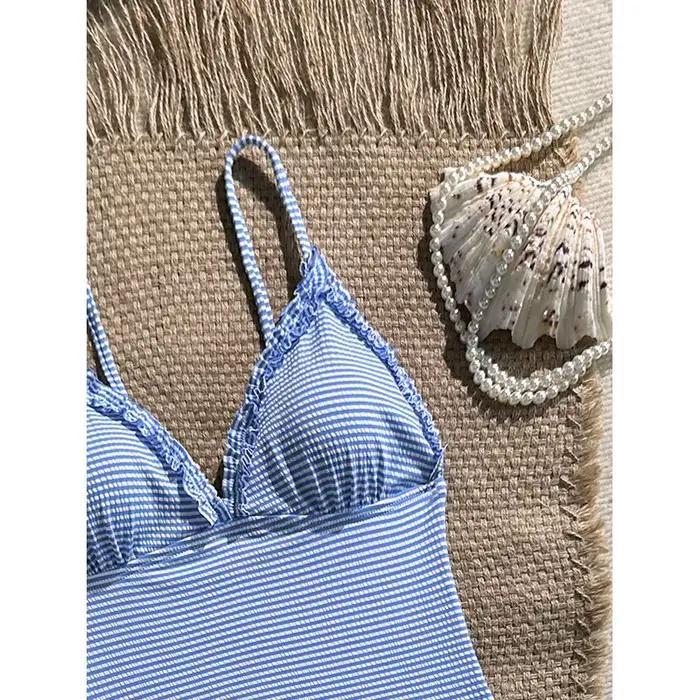 Vintage bleu ciel rayé une pièce maillot de bain 2026 femmes licou col en V mince ventre contrôle maillots