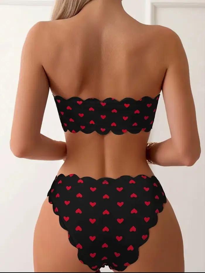 Cikini Swim Mod coeur imprimé Bandeau Bikini ensemble Valentine été maillot de plage
