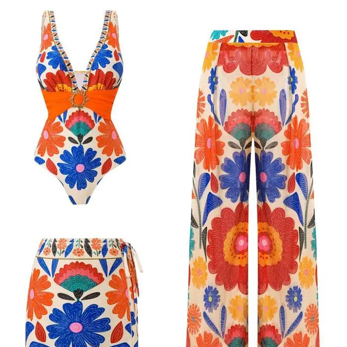 Nouvel ensemble de maillots de bain bohèmes imprimés pour femmes 2026 – Maillot de bain tendance avec short et pantalon long, maillot de bain une pièce très élastique