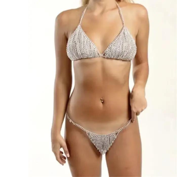 Sexy métal ornement licou brésilien Bikini 2025 Triangle maillot de bain couverture femmes plage survêtement chaîne