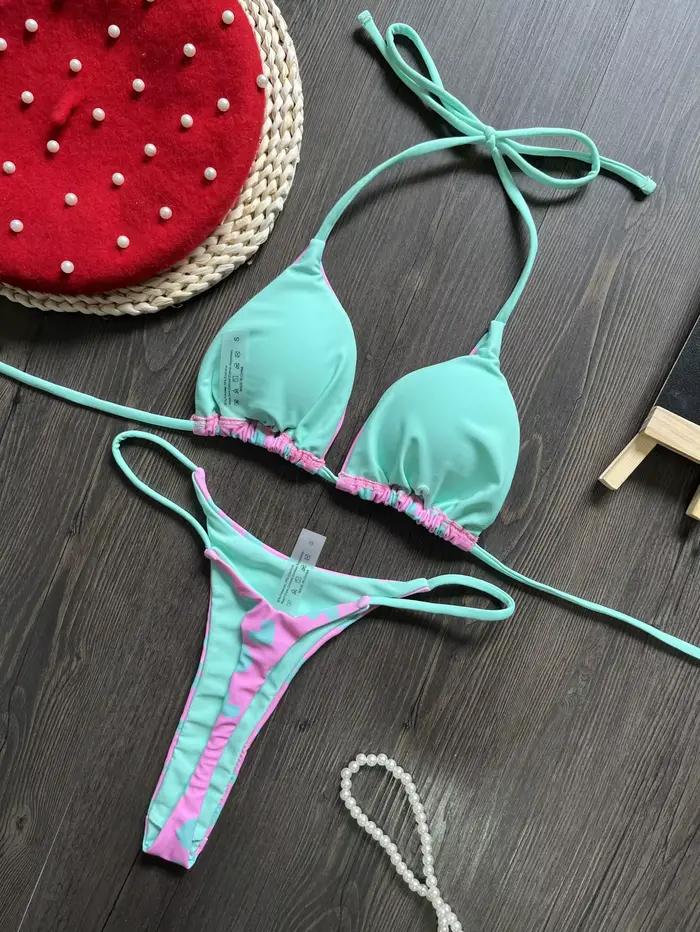 Maillot de bain fendu dos nu imprimé amour, bikini sexy, nouveau, 2024