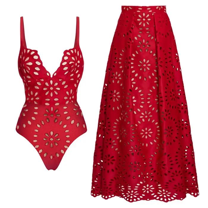 FLAXMAKER fleur creux une pièce maillot de bain et jupe femmes maillots de bain luxe maillot de bain