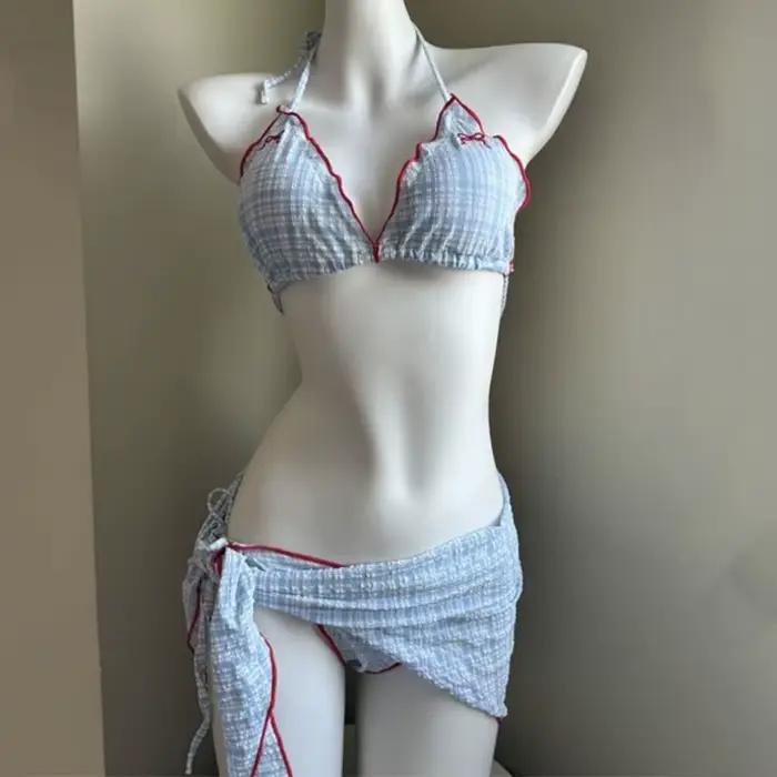 Maillot de bain décontracté à nœud papillon et motif quadrillé, sans manches, plissé, à lacets, bikini, coupe ajustée, décolleté plongeant, ensemble de trois pièces pour les vacances.
