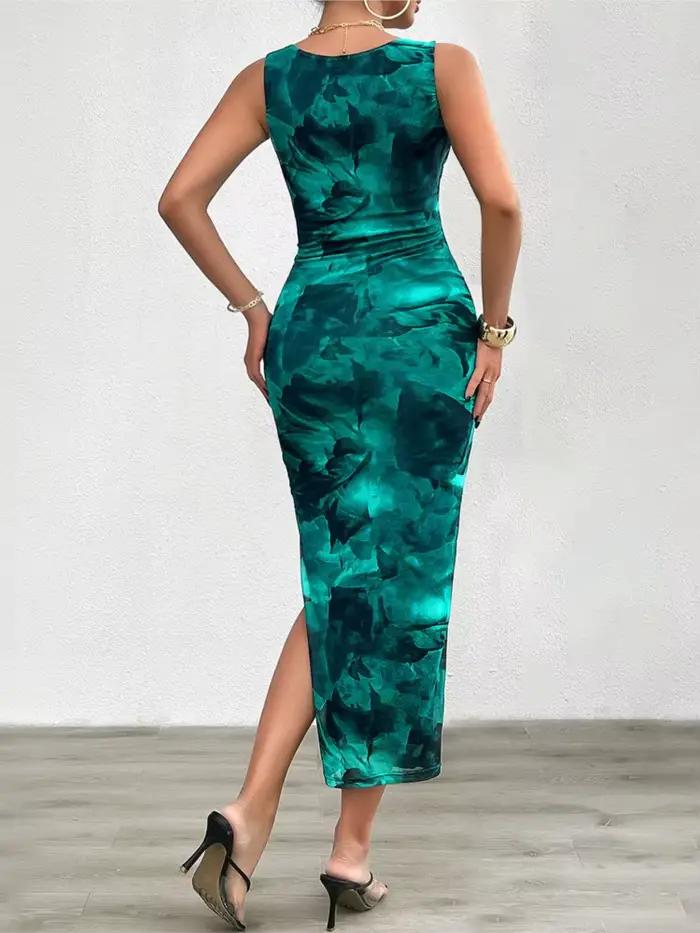 Robe moulante sans manches pour femmes, nouvelle mode imprimée, col rond, amincissante, avec fond fendu, printemps été 2024
