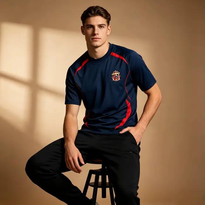 Maillot d'entraînement de football espagnol pour hommes, 3 couleurs, rouge, jaune, bleu, à empiècements, séchage rapide, t-shirt de sport à manches courtes pour supporters
