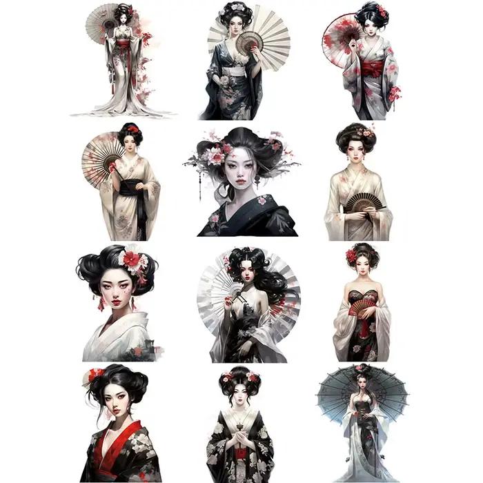 Autocollant Geisha japonais, étiquette Scrapbooking artisanale décorative pour Album poubelle Journal, DIY bricolage, 12 pièces/paquet