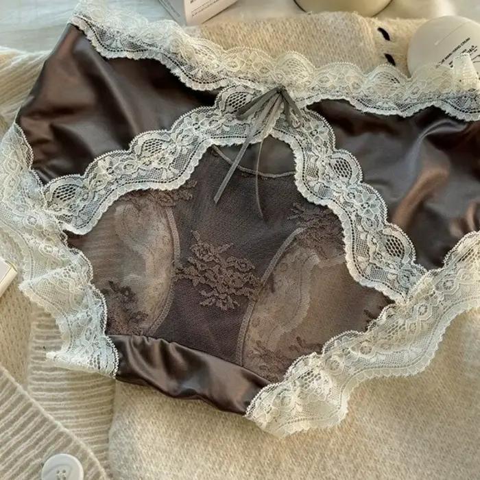Culottes taille moyenne en dentelle et satin, avec nœud invisible, patchwork en maille transparente pour femme
