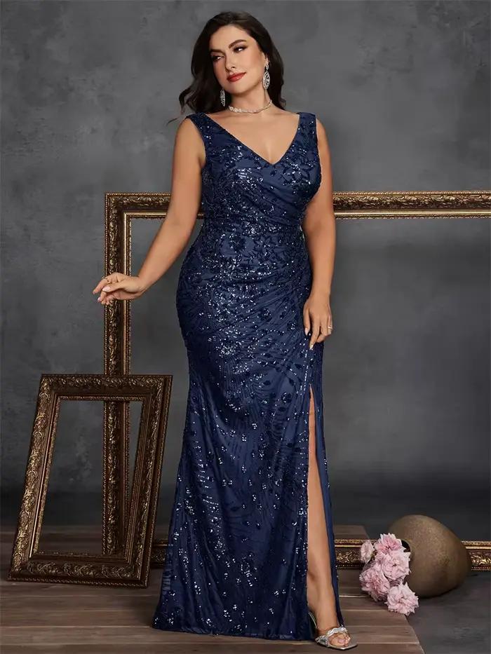 Grande taille élégante fente robe de soirée 2025 femmes longue sirène formelle paillettes col en v Caicktail fête de mariage robe de remise des diplômes