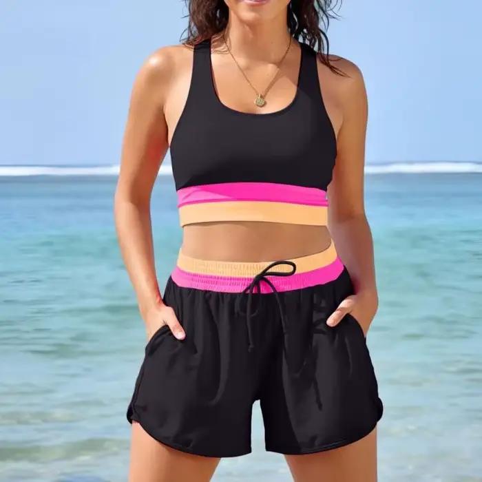Ensemble de maillots de bain taille haute tendance en polyester doux et respirant avec détails raffinés et plusieurs tailles