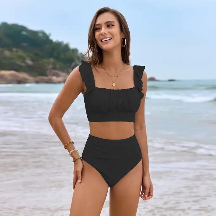 Cikini Swim Mod élégant manches froncées ensemble Bikini couleur unie été maillot de plage
