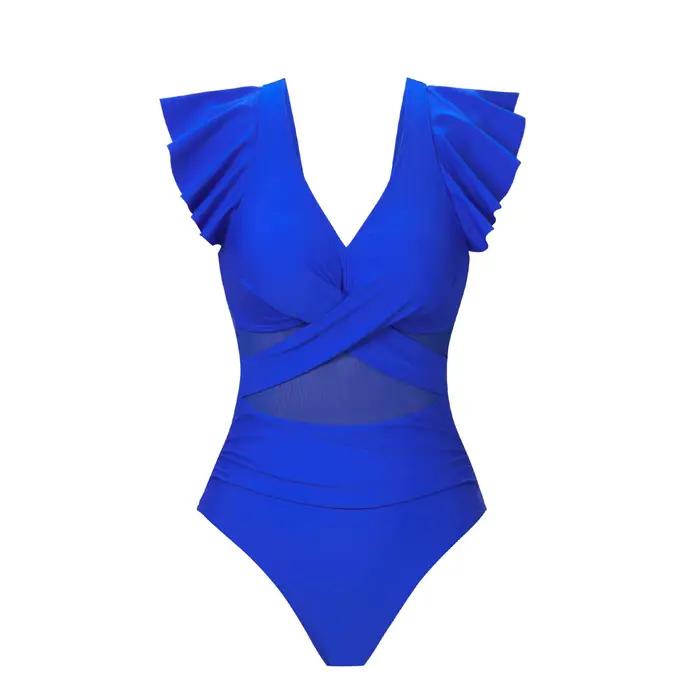 Maillot de bain une pièce pour femme 2026, séchage rapide, sport, couleur unie, col en V, manches courtes, vêtements de bain pour femme