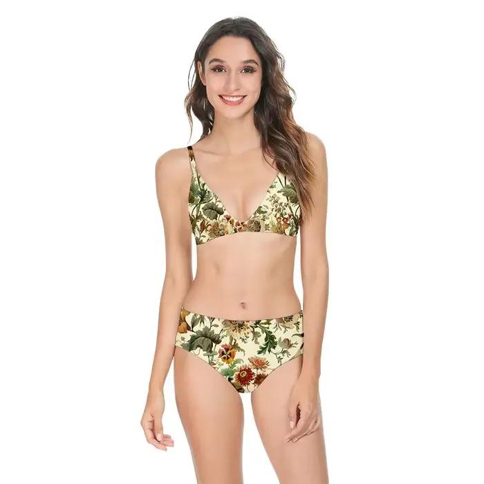 Femmes Sexy Bikini maillot de bain taille haute fleurs imprimé décontracté multicolore dos nu maillots