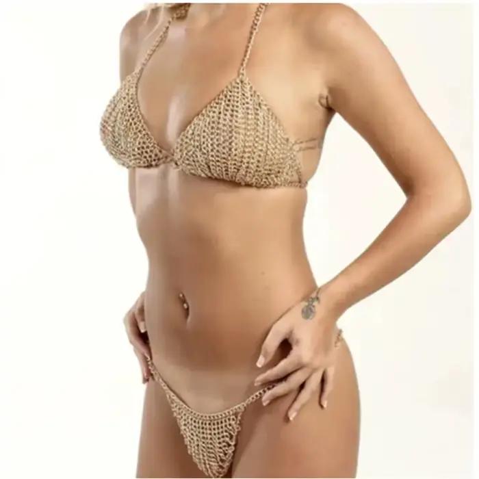 Sexy métal ornement licou brésilien Bikini 2025 Triangle maillot de bain couverture femmes plage survêtement chaîne