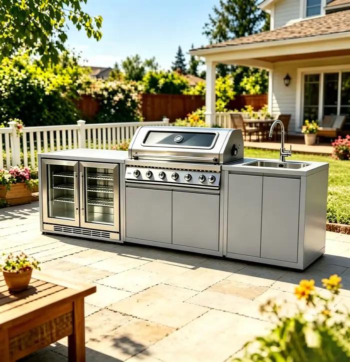 Cuisines complètes : Offre de cuisines extérieures complètes, ensemble d'armoires durables avec îlots et chariots de cuisine, ensemble de casseroles de cuisine