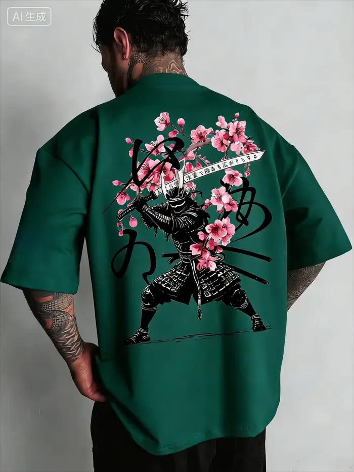 T-shirt imprimé couteau de samouraï japonais à fleurs de cerisier pour homme, décontracté, à manches courtes, idéal pour un usage quotidien, excellent cadeau pour homme