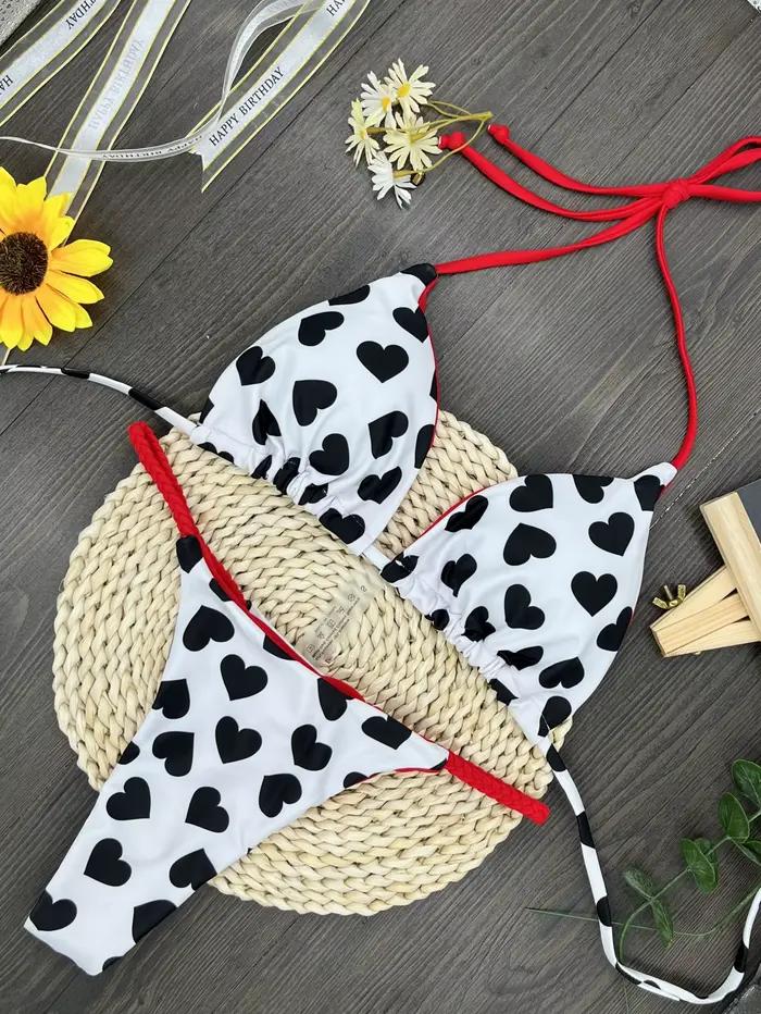 Maillot de bain fendu dos nu imprimé amour, bikini sexy, nouveau, 2024