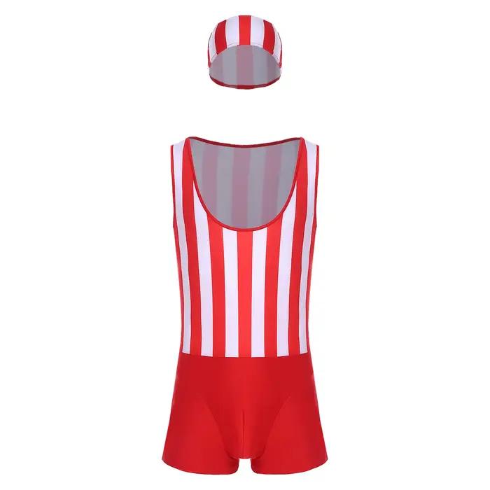 Combinaison de bain rayée pour homme, séchage rapide, sans manches, une pièce, avec bonnet, pour le sport et le fitness, sous-vêtements, shorts