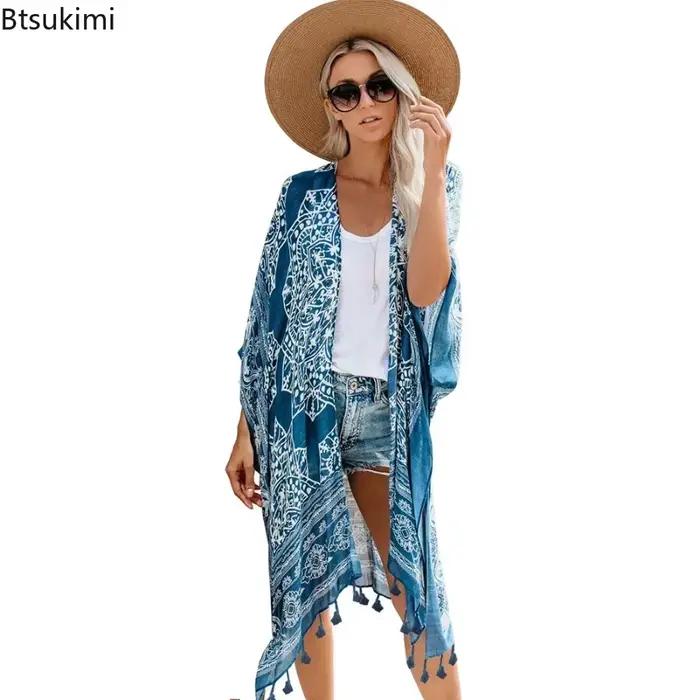 Bikini Cache-Maillot Boho Imprimé Franges Long Kimono Femmes Grande Taille Vetements Plage Maillot Bain Couvrir Occasions Plage Piscine Fete Club Casual