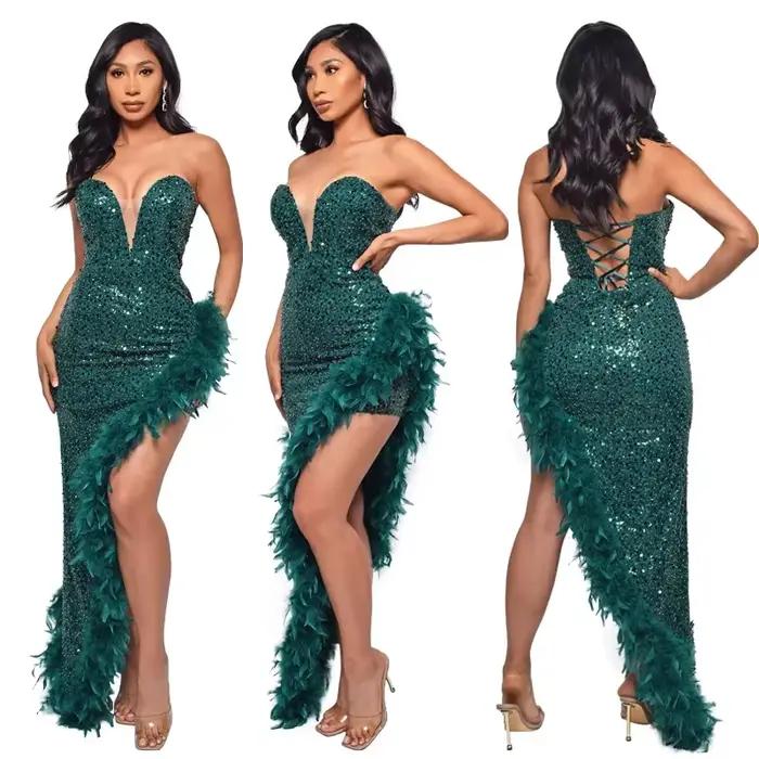 Robes pour femmes, modèle fourreau, bustier, pour soirée et bal de promo, ornées de plumes et de paillettes, magnifiques, coupe ajustée, sexy, dos nu, effet enveloppant sur les fesses, Vestidos