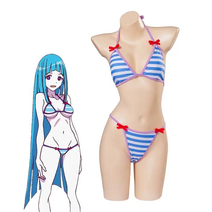 Bikini deux-pièces Me Me Me à rayures bleues pour femmes, vêtements de plage, de fête d'Halloween et de carnaval, costume de cosplay pour occasions spéciales