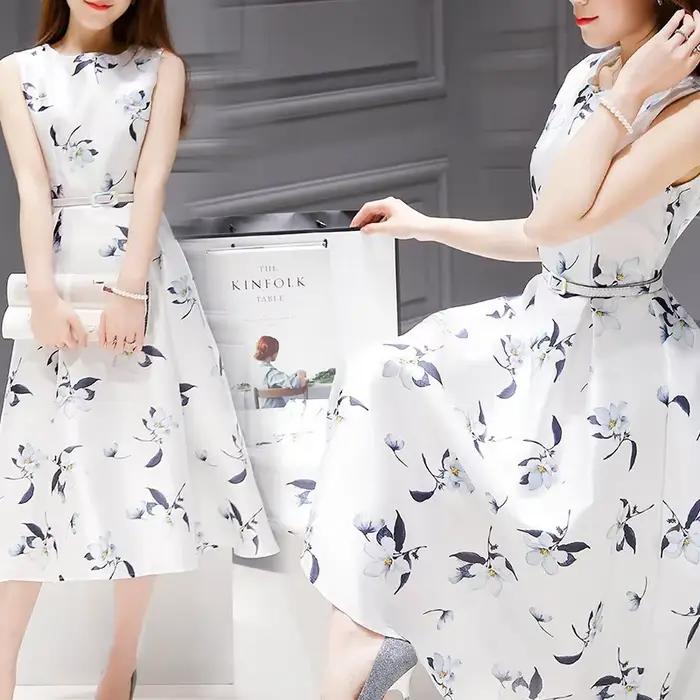 Robe trapèze amincissante pour femmes, longueur moyenne, sans manches, imprimée, ajustée à la taille