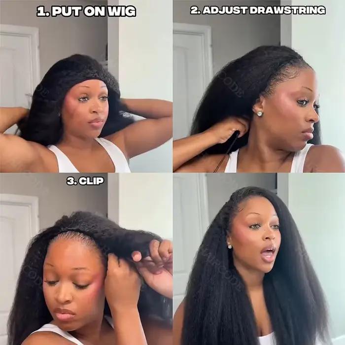 Demi-perruque droite crépue cheveux humains sans colle perruque cheveux humains prêt à porter 3 en 1 demi-perruque cordon Yaki perruque droite sans colle