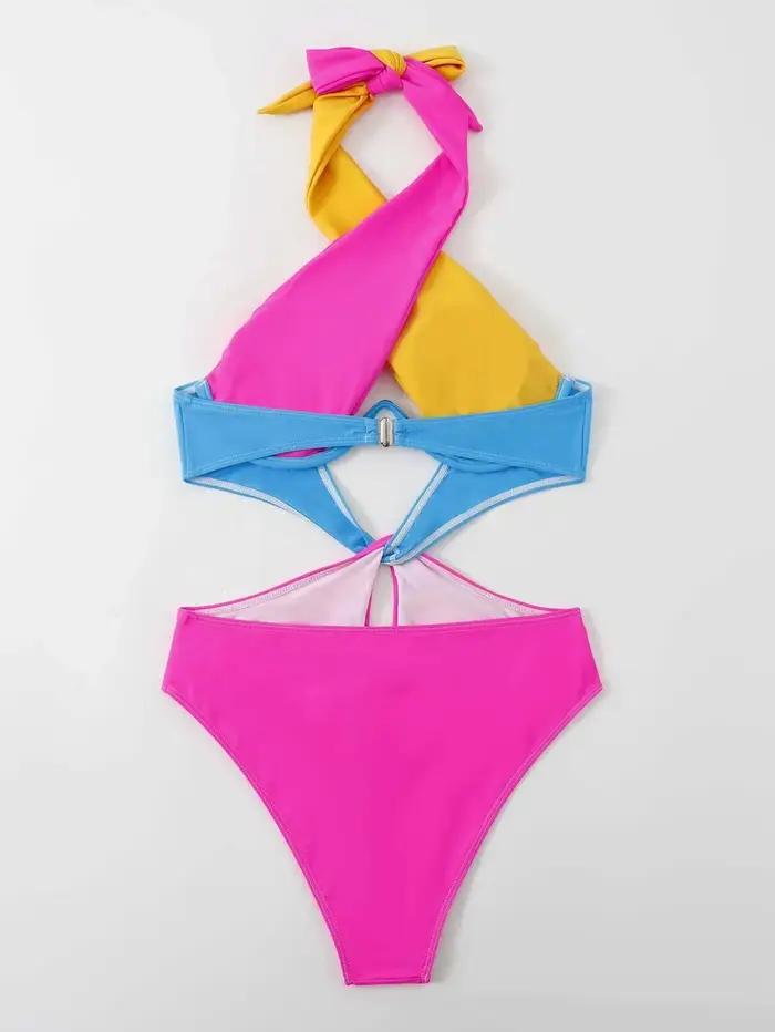 Maillot de bain une pièce sexy rose contrastant 2026 pour femme, style halter croisé avec armatures et découpes, idéal pour la plage et les vacances, coupe ajustée, maillot de bain bikini