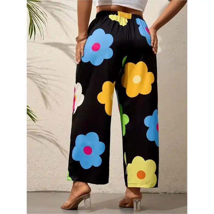 Pantalon large à imprimé floral coloré pour femmes, taille haute, style vacances, printemps-été, coupe confortable, pantalon décontracté