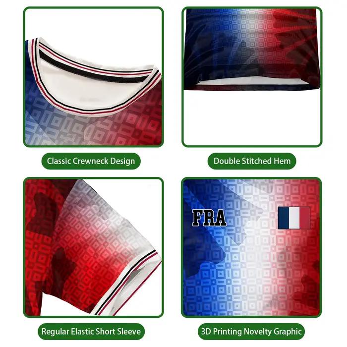 Maillot de football imprimé drapeau français, t-shirt d'été unisexe décontracté à manches courtes, pour l'entraînement sportif, respirant et à séchage rapide