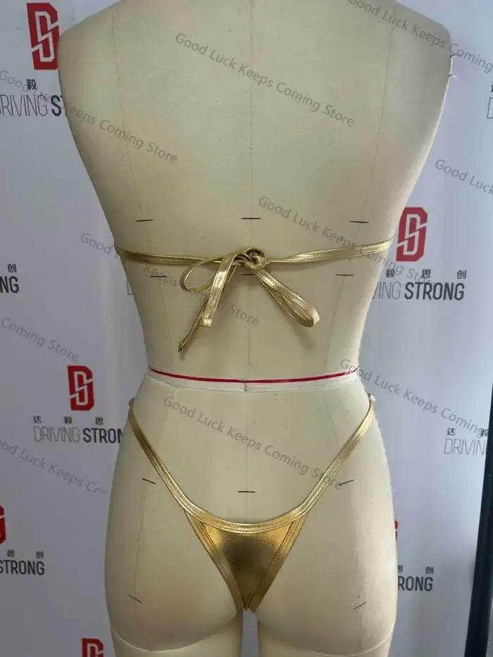 Sexy Bandeau Bikini 2025 femmes or noir anneau en métal lié évider Push Up Micro maillot de bain brillant