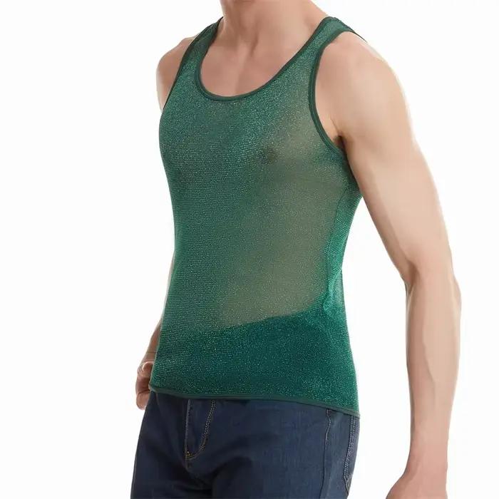 Maillot de corps transparent brillant pour homme, maillot de corps moulant, maillot de sport respirant, maillot de fitness