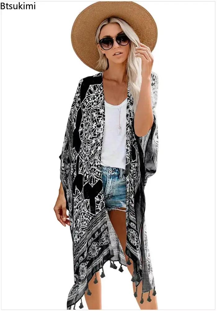 Bikini Cache-Maillot Boho Imprimé Franges Long Kimono Femmes Grande Taille Vetements Plage Maillot Bain Couvrir Occasions Plage Piscine Fete Club Casual