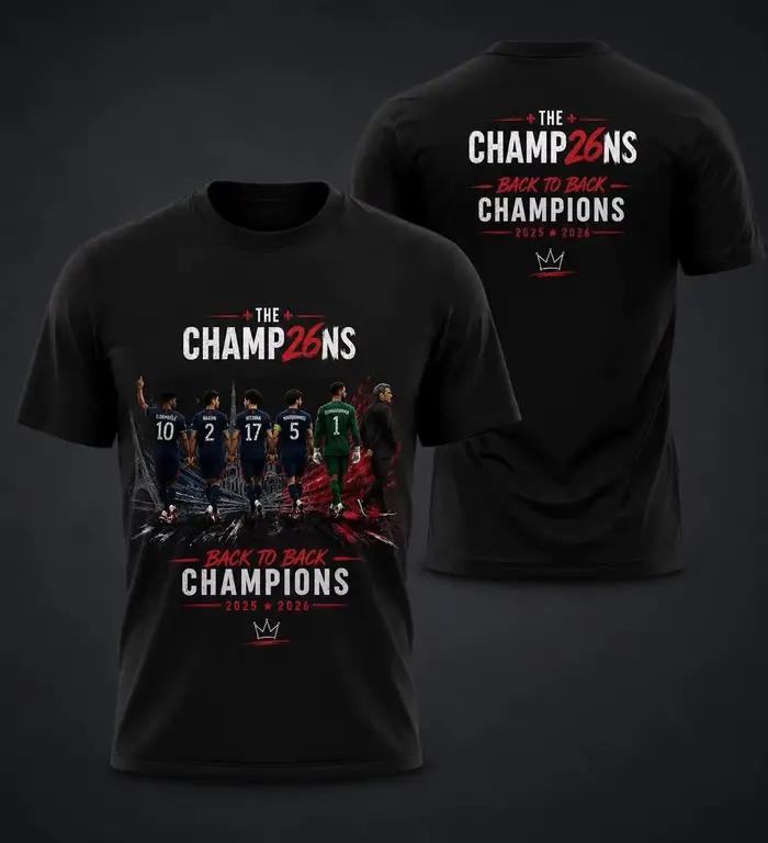 T-shirt PSG 2026 « Back To Back Champions » pour Hommes et Femmes – Coton d'été Y2K – Mode Streetwear à Col Rond et Manches Courtes