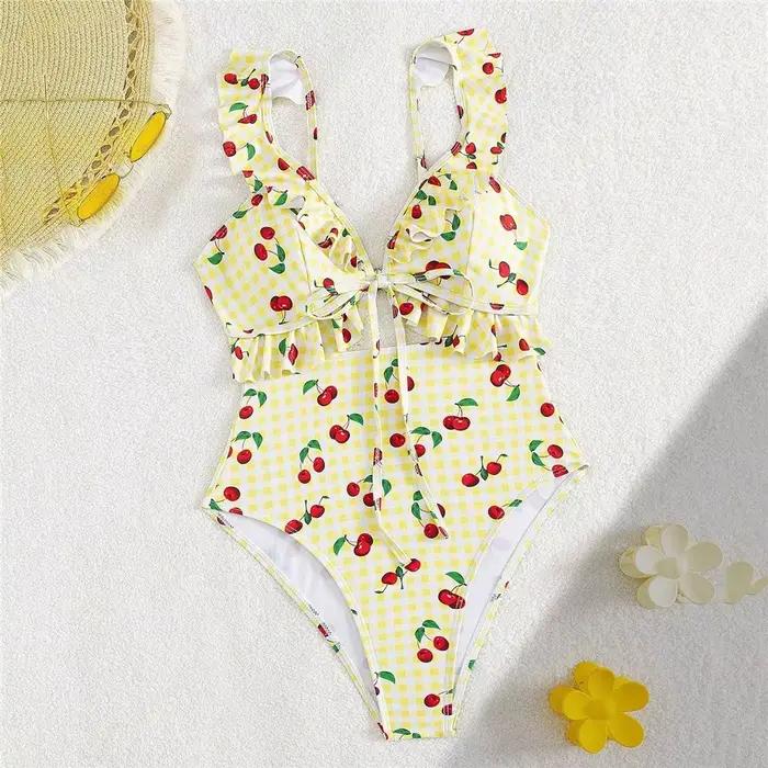 Doux rose cerise Plaid maillot de bain imprimé à volants une pièce Sexy maillot de bain femme 2026 évider Monokini natation maillot de bain costume