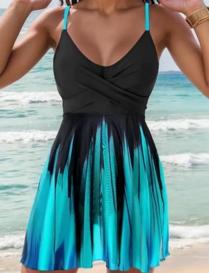 Maillot de bain une pièce amincissant noir dégradé turquoise 2373 pour femme