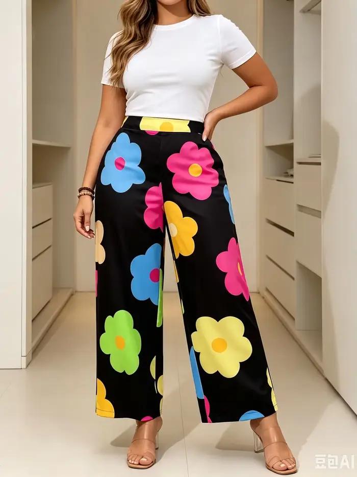 Pantalon large à imprimé floral coloré pour femmes, taille haute, style vacances, printemps-été, coupe confortable, pantalon décontracté