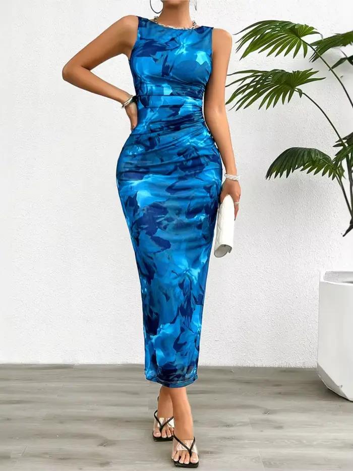 Robe moulante sans manches pour femmes, nouvelle mode imprimée, col rond, amincissante, avec fond fendu, printemps été 2024
