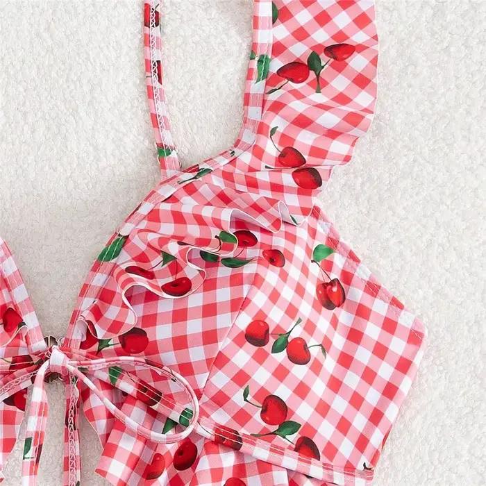 Doux rose cerise Plaid maillot de bain imprimé à volants une pièce Sexy maillot de bain femme 2026 évider Monokini natation maillot de bain costume
