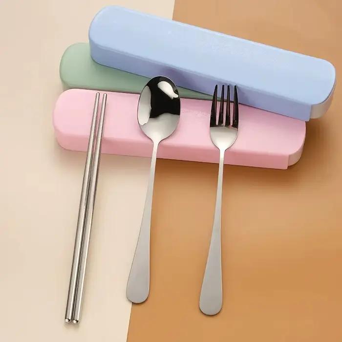 1 ensemble de vaisselle Portable en acier inoxydable, baguettes, cuillères, fourchettes, ensemble de deux/trois pièces avec boîte