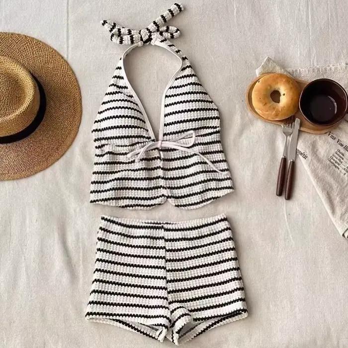 Nouvel ensemble bikini tricoté rayé haut de gamme pour femme 2026