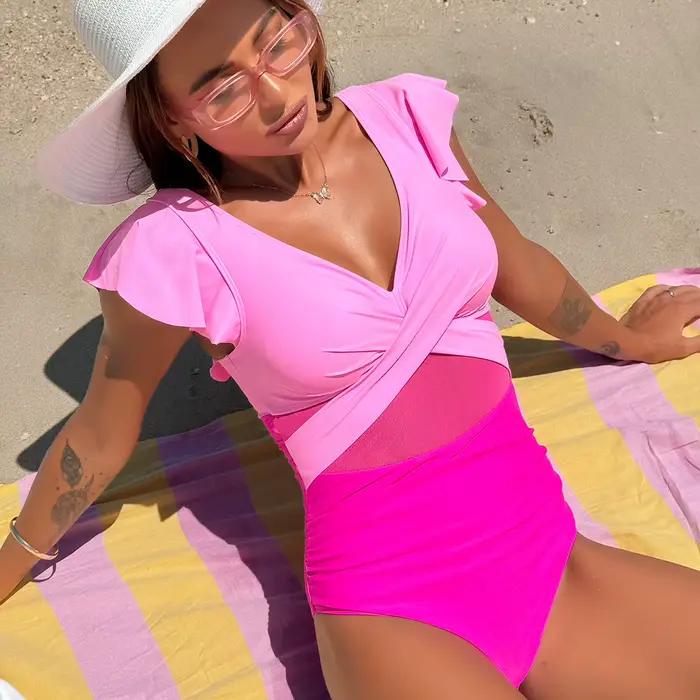 Maillot de bain une pièce pour femme 2026, séchage rapide, sport, couleur unie, col en V, manches courtes, vêtements de bain pour femme