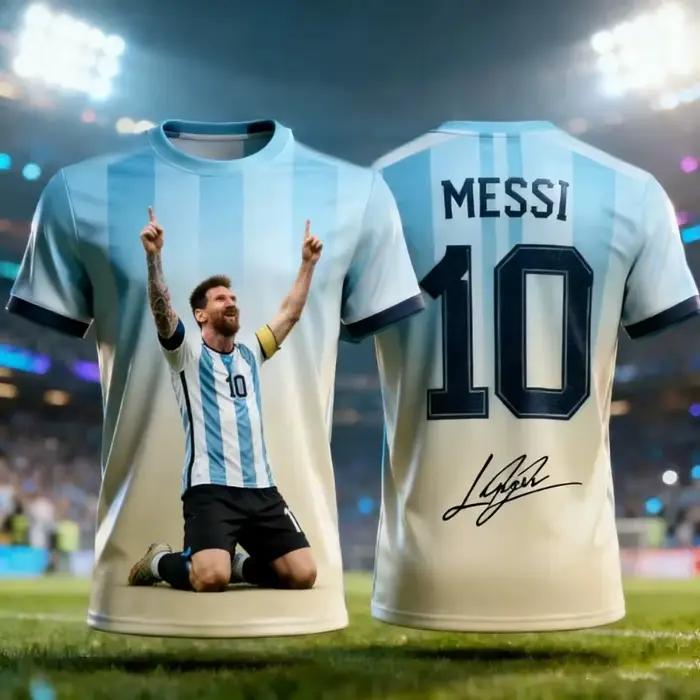 Maillot de football rayé signature Messi N°10 Argentine, imprimé 3D intégral, respirant, streetwear hip-hop, t-shirt décontracté unisexe