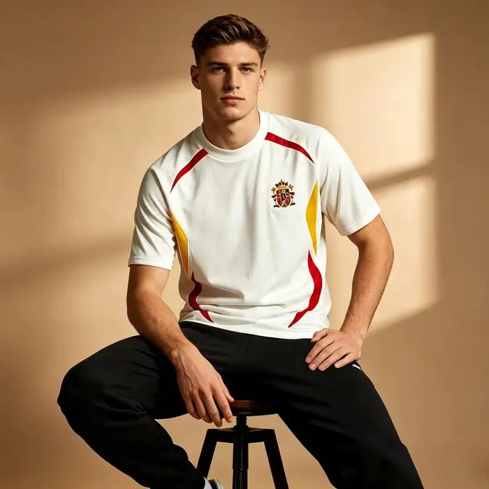 Maillot d'entraînement de football espagnol pour hommes, 3 couleurs, rouge, jaune, bleu, à empiècements, séchage rapide, t-shirt de sport à manches courtes pour supporters