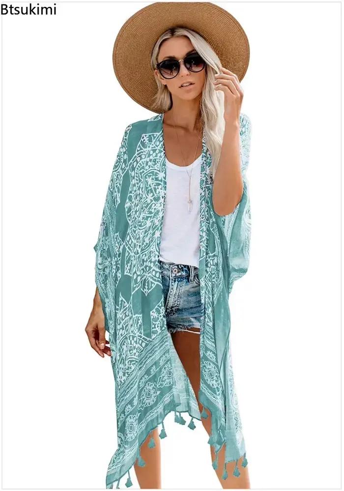 Bikini Cache-Maillot Boho Imprimé Franges Long Kimono Femmes Grande Taille Vetements Plage Maillot Bain Couvrir Occasions Plage Piscine Fete Club Casual
